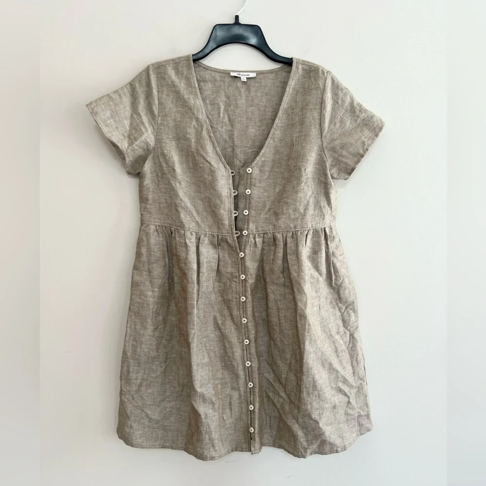 Madewell Linen-Blend Alexandra Button-Front Mini Dress, Olive Branch, size XS - Picture 4 of 11